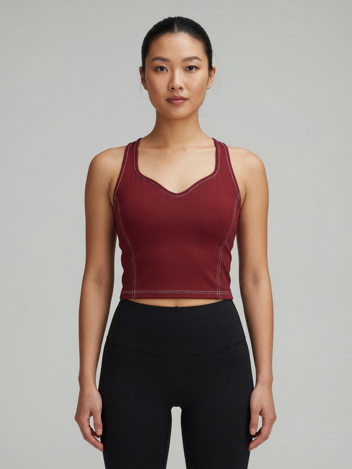 Topstitch Crop Tank in Red, worn, front