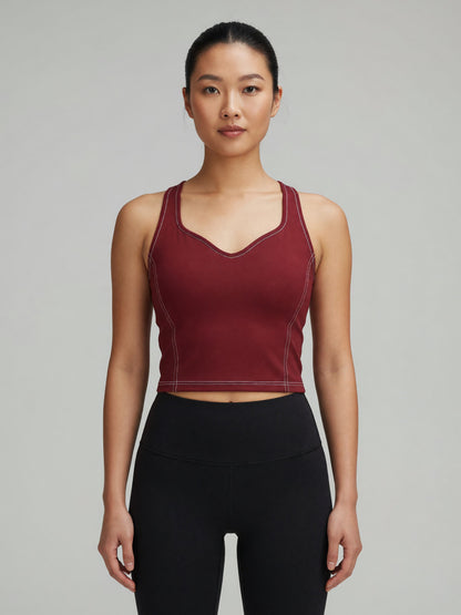 Topstitch Crop Tank in Red, worn, front