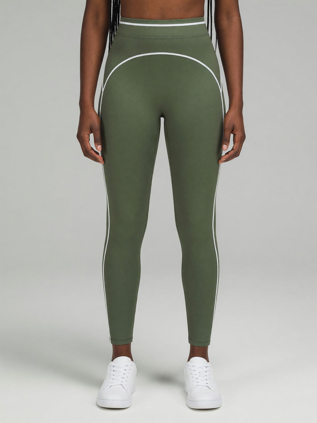 Topstitch High-Rise Legging in Gray Green, worn, front