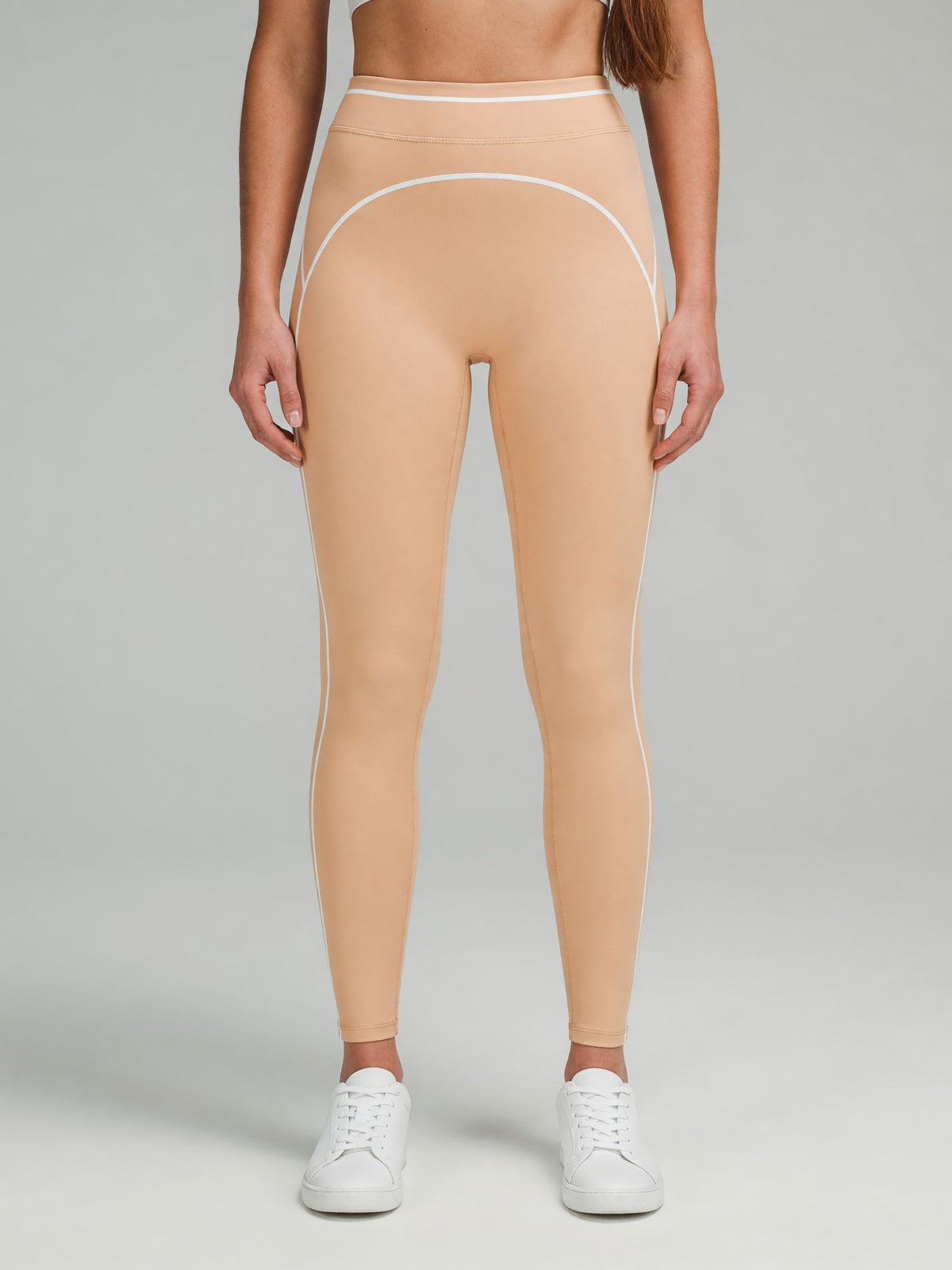 Topstitch High-Rise Legging in Light Apricot, worn, front