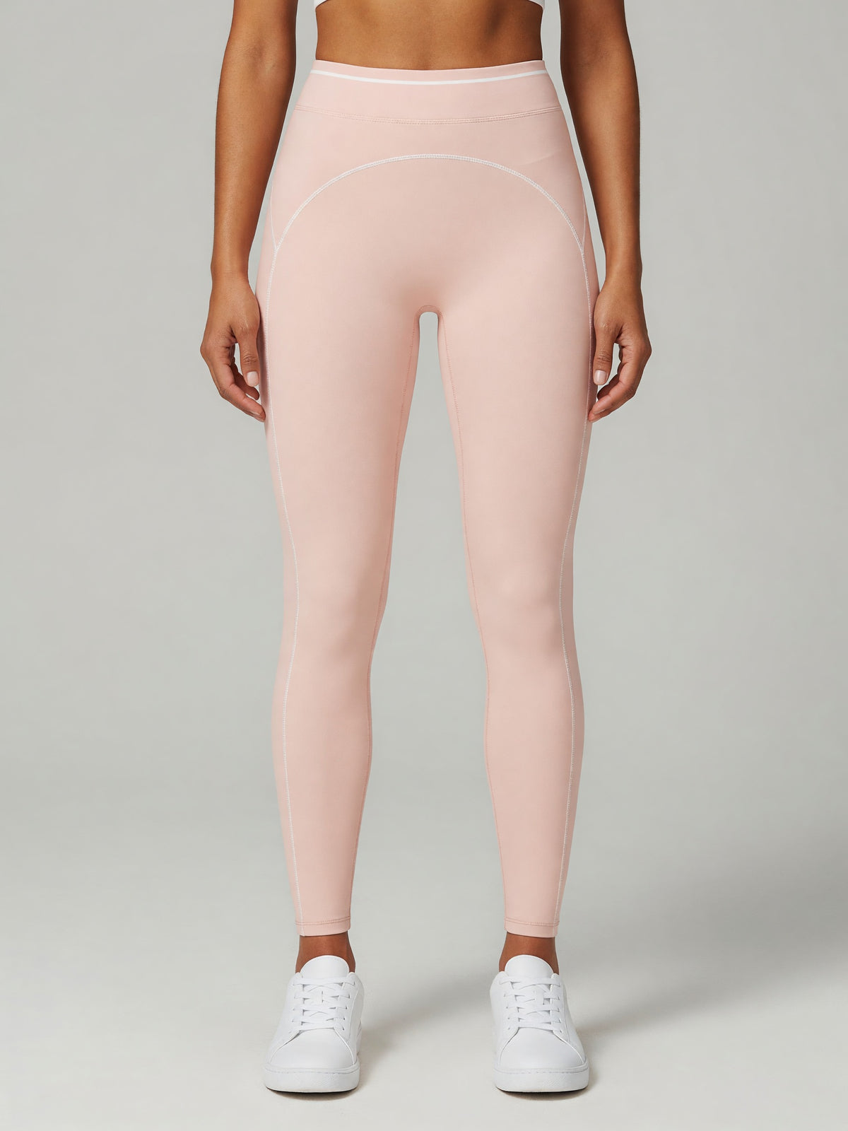Topstitch High-Rise Legging in Light Pink, worn, front