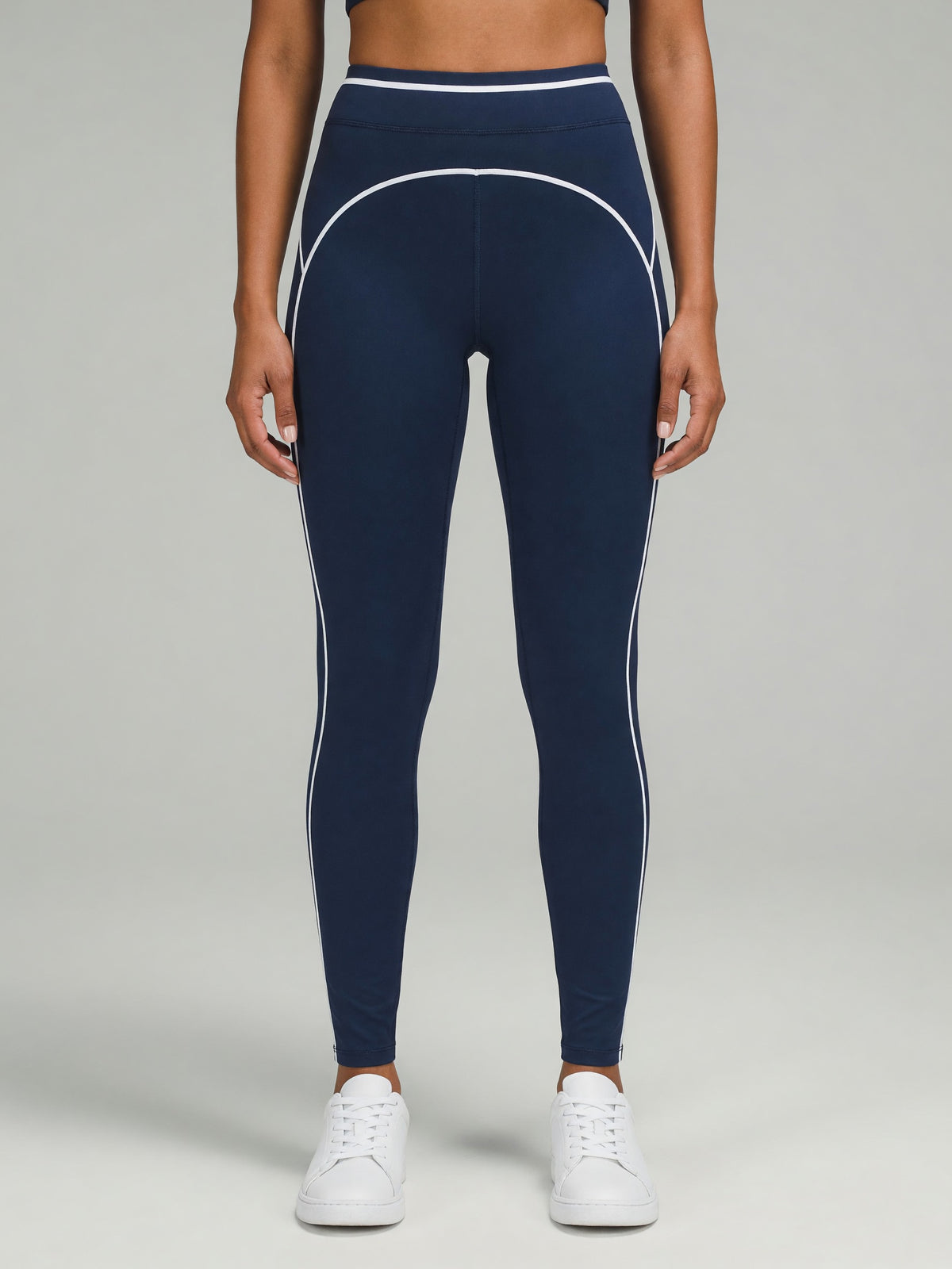 Topstitch High-Rise Legging in Navy Blue, worn, front