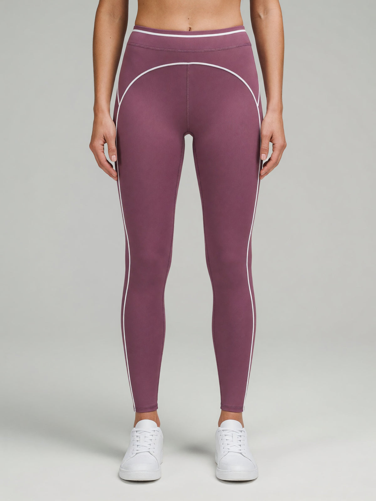 Topstitch High-Rise Legging in Purple, worn, front