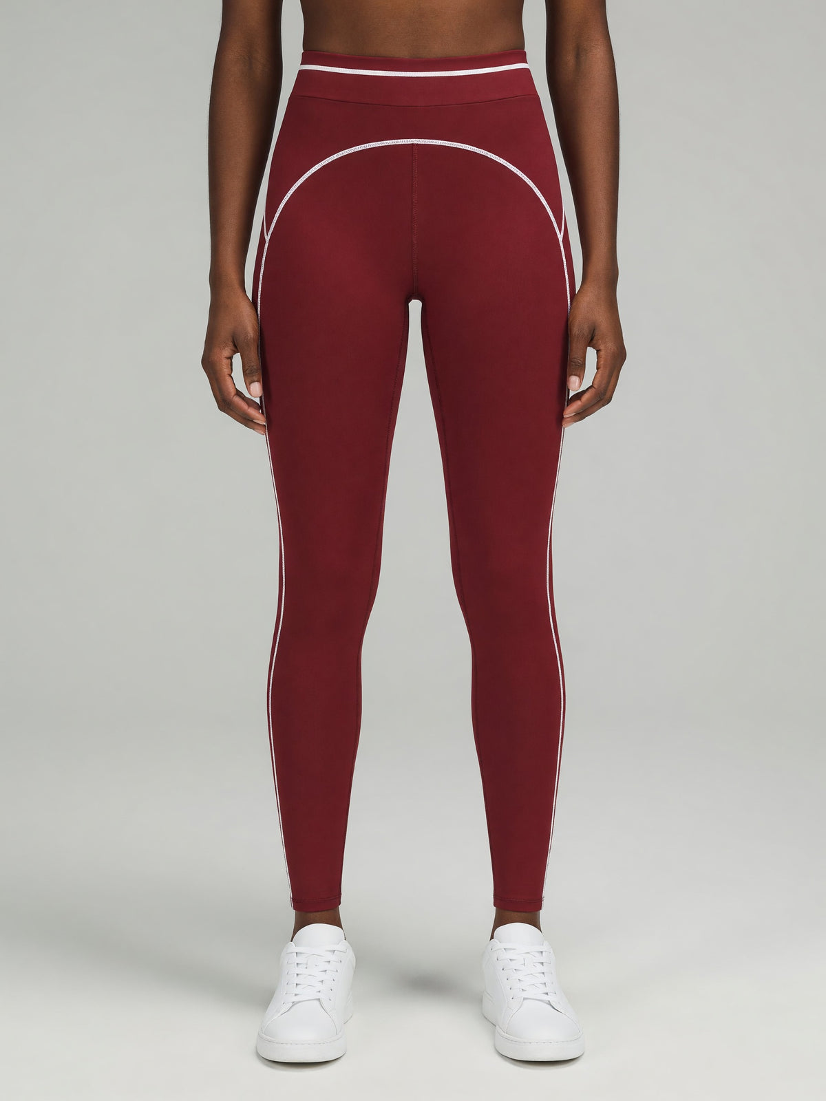 Topstitch High-Rise Legging in Red, worn, front