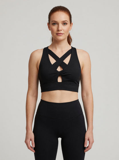 Twist-Front Sports Bra in Black, worn, front