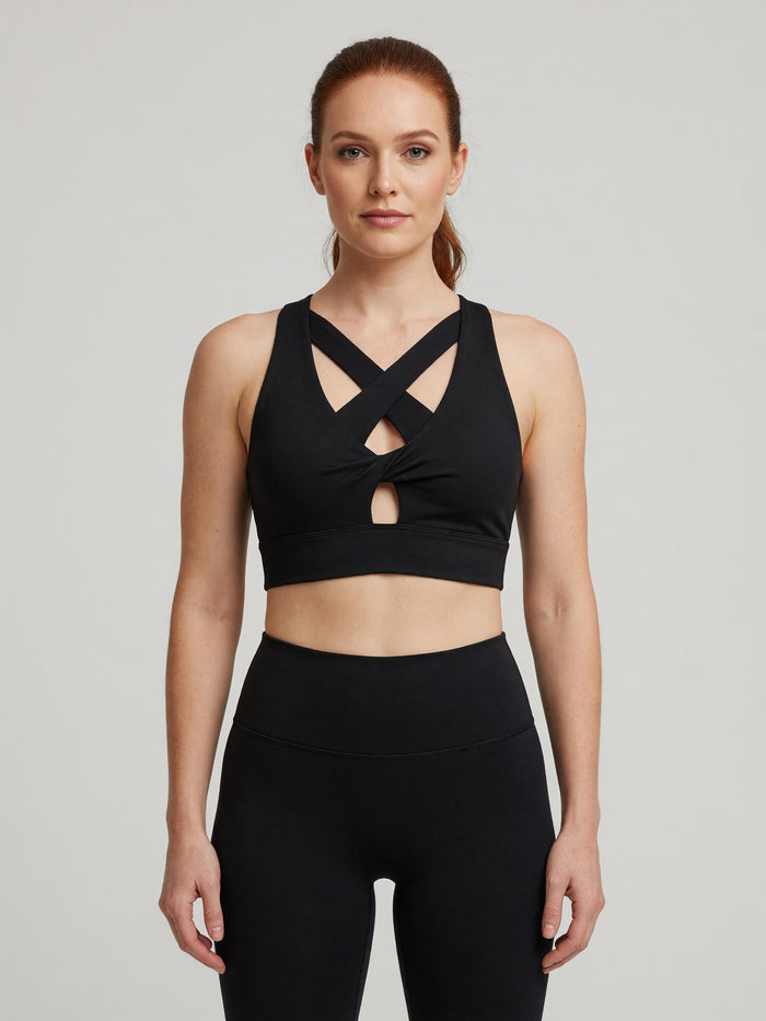 Twist-Front Sports Bra in Black, worn, front