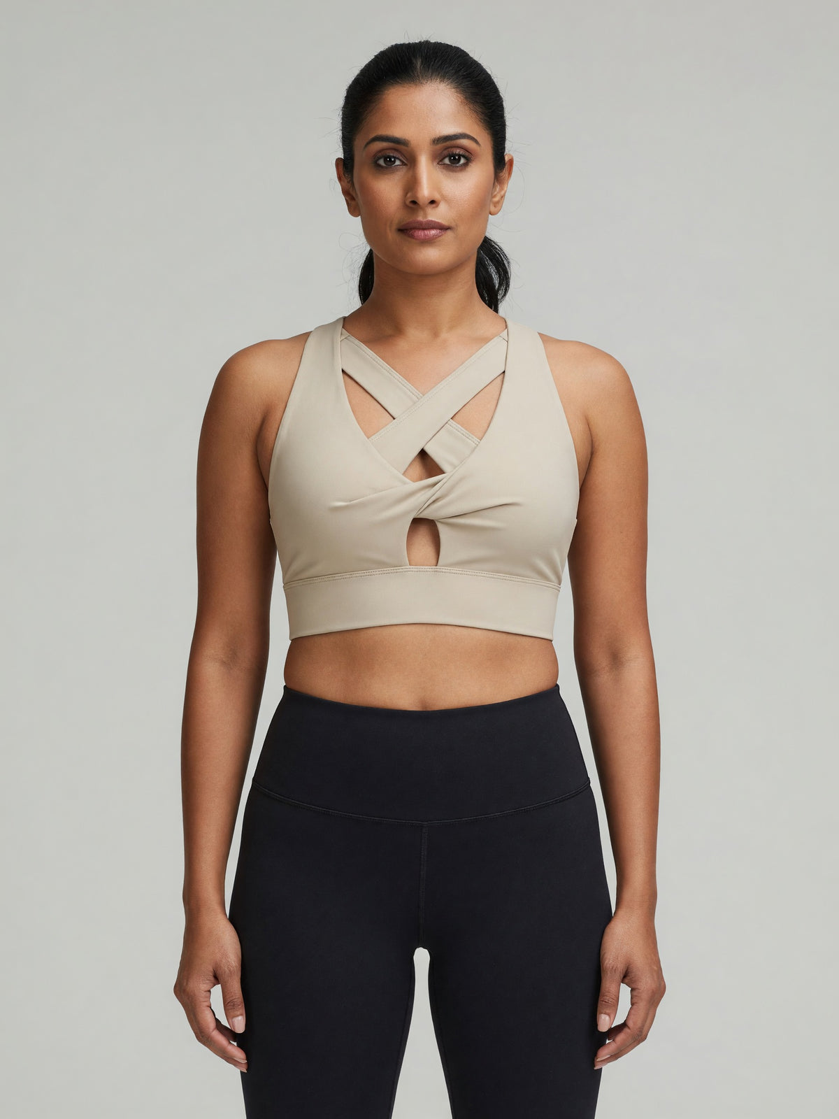 Twist-Front Sports Bra in Khaki, worn, front