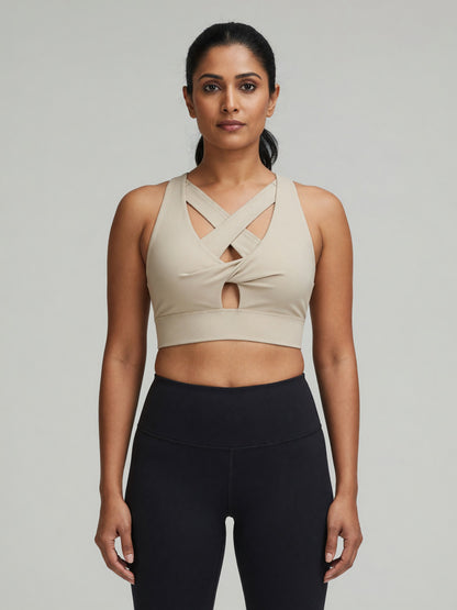 Twist-Front Sports Bra in Khaki, worn, front