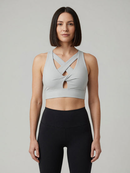 Twist-Front Sports Bra in Light Gray, worn, front