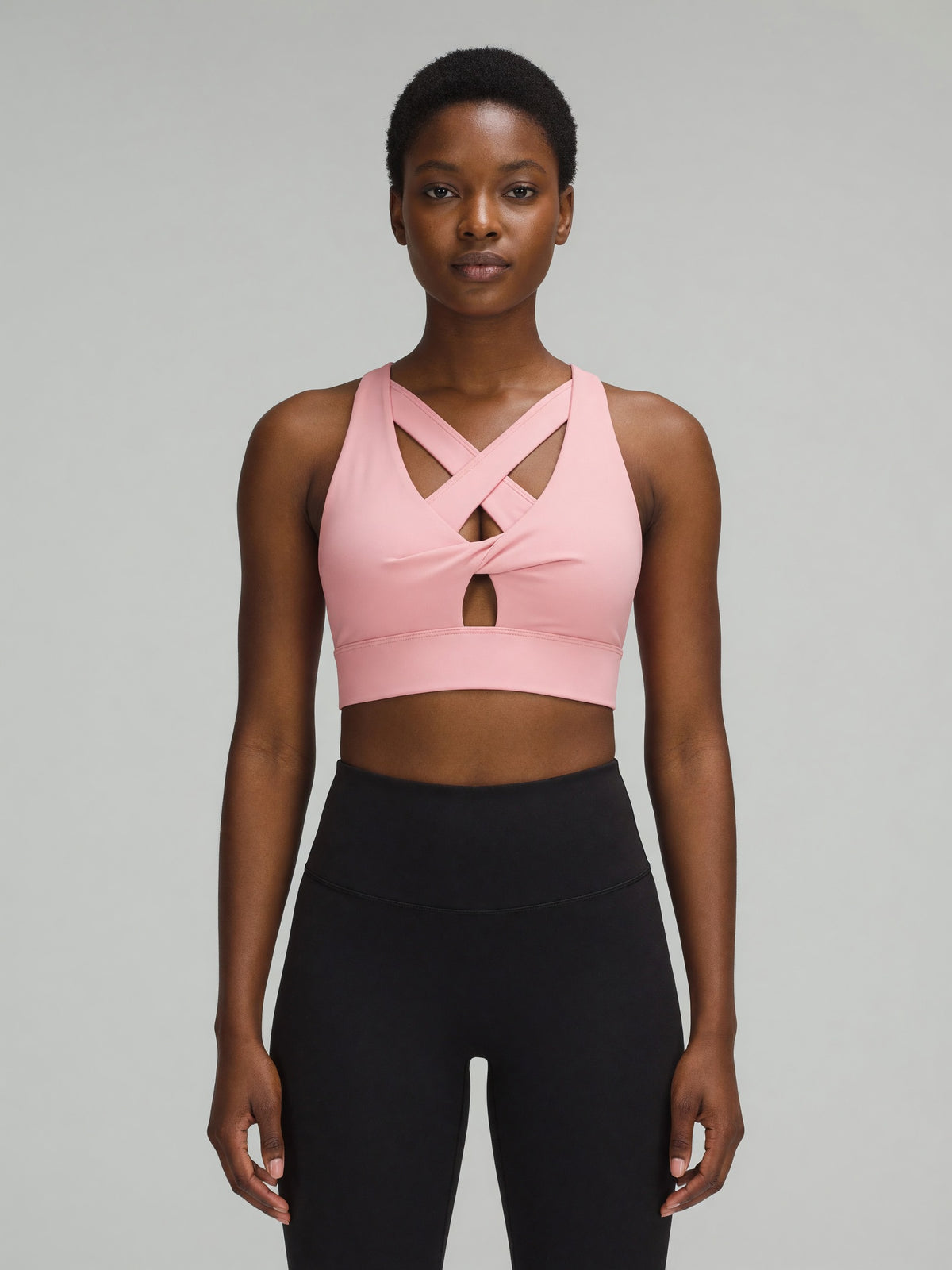 Twist-Front Sports Bra in Pink, worn, front