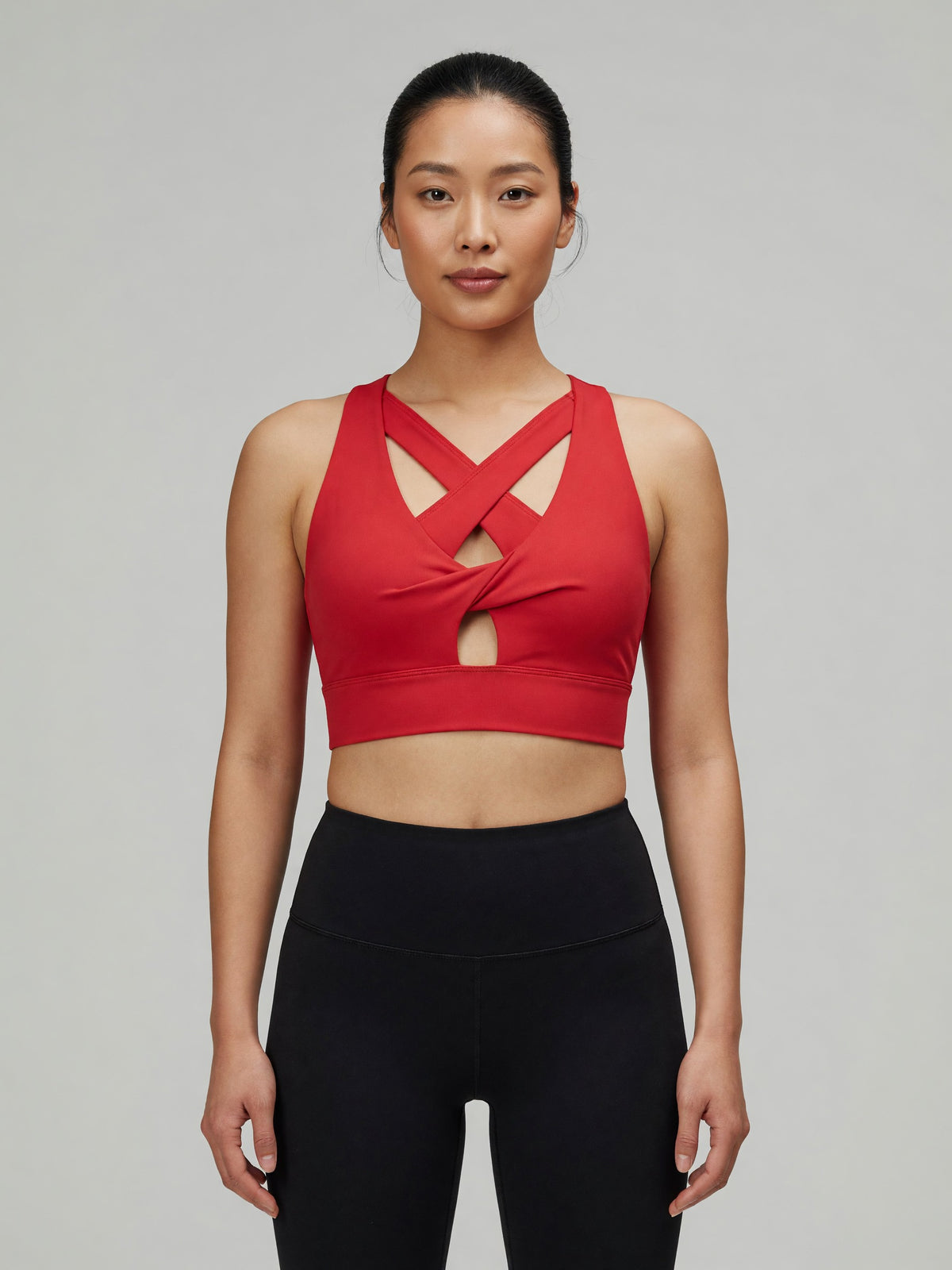 Twist-Front Sports Bra in Red, worn, front