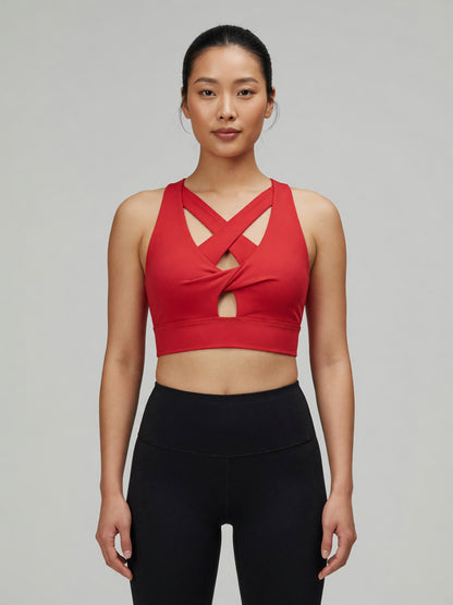 Twist-Front Sports Bra in Red, worn, front