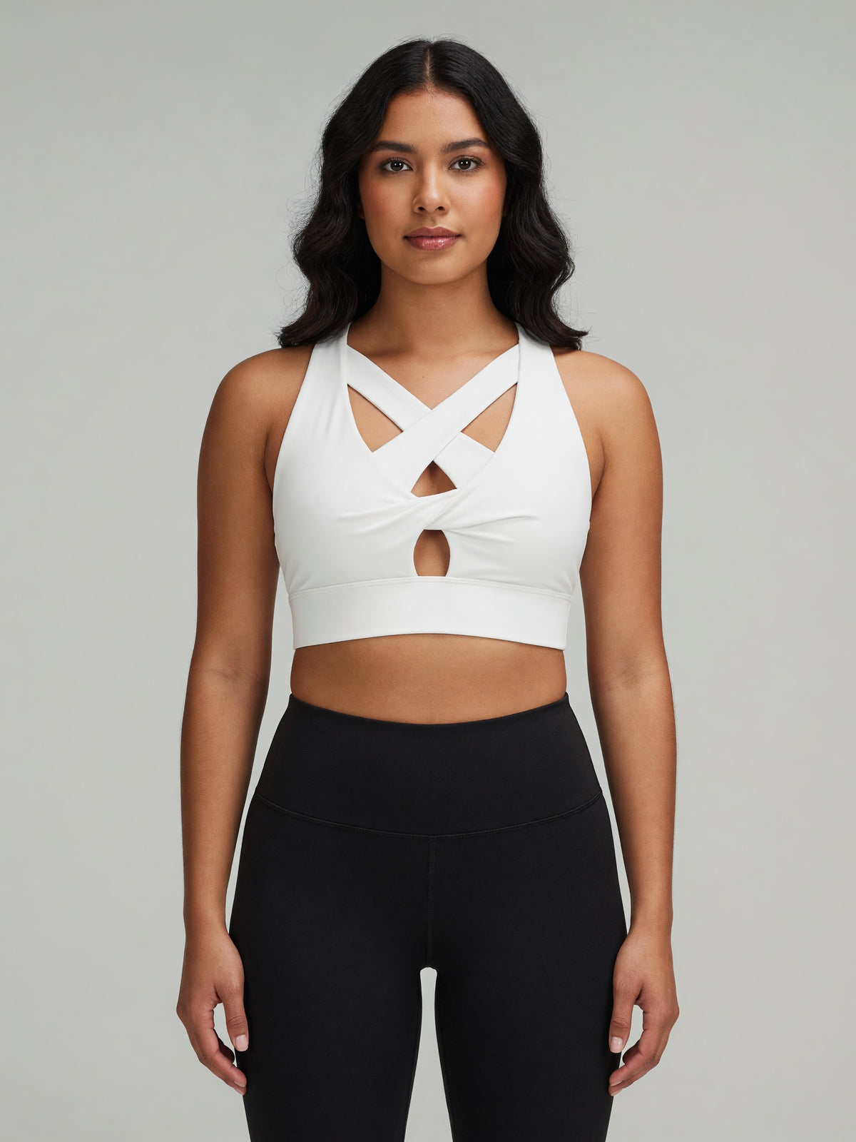 Twist-Front Sports Bra in White, worn, front