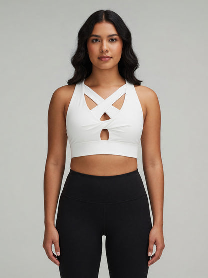 Twist-Front Sports Bra in White, worn, front