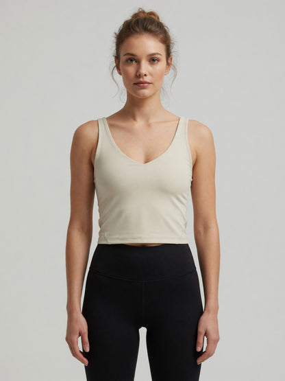V-Neck Longline Tank in Beige, worn, front