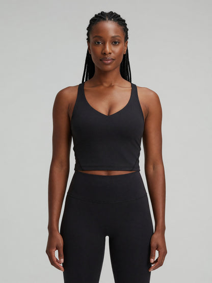 V-Neck Longline Tank in Black, worn, front