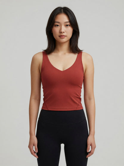 V-Neck Longline Tank in Brick Red, worn, front