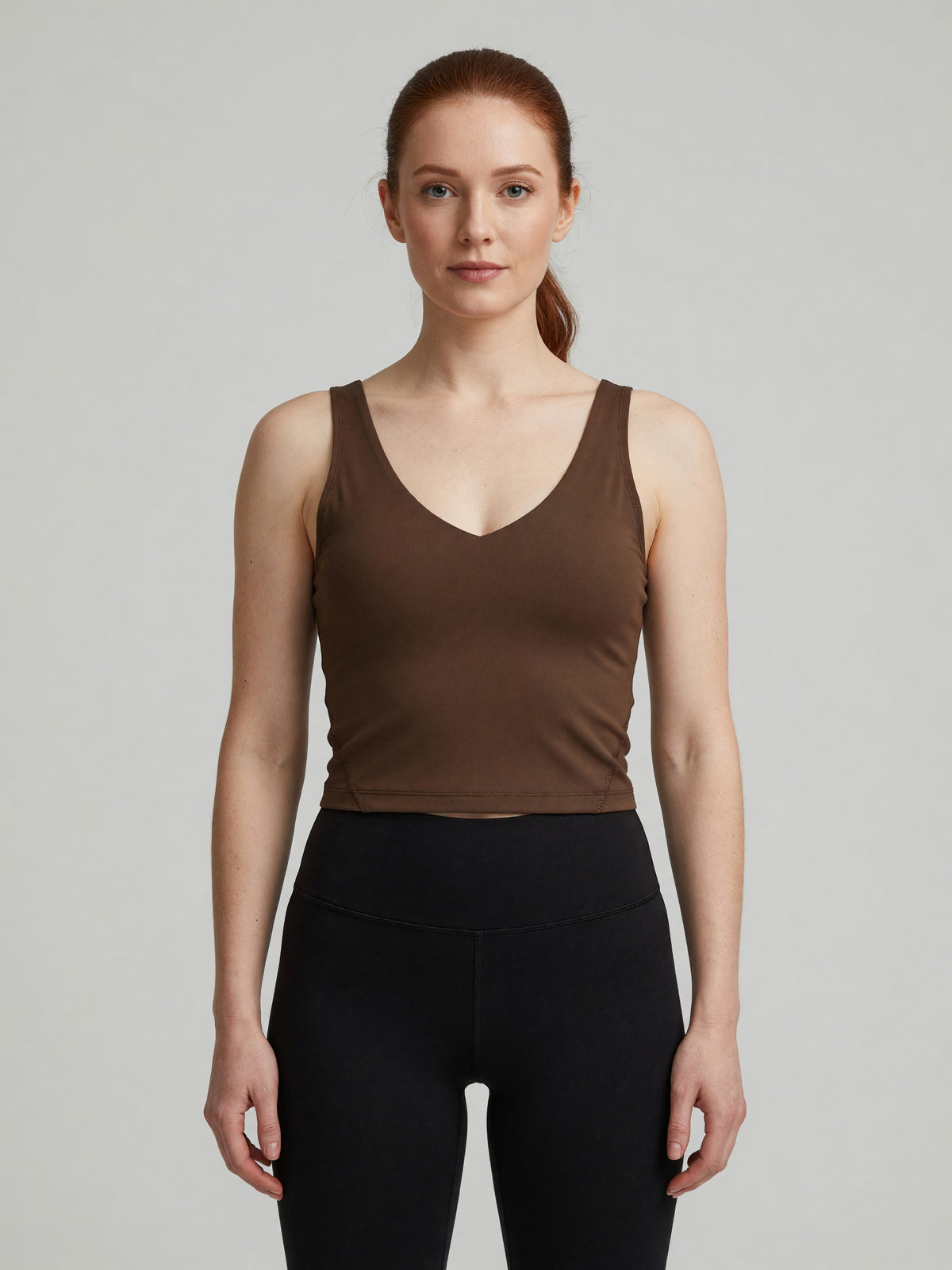 V-Neck Longline Tank in Brown, worn, front