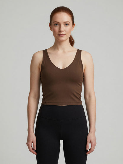 V-Neck Longline Tank in Brown, worn, front