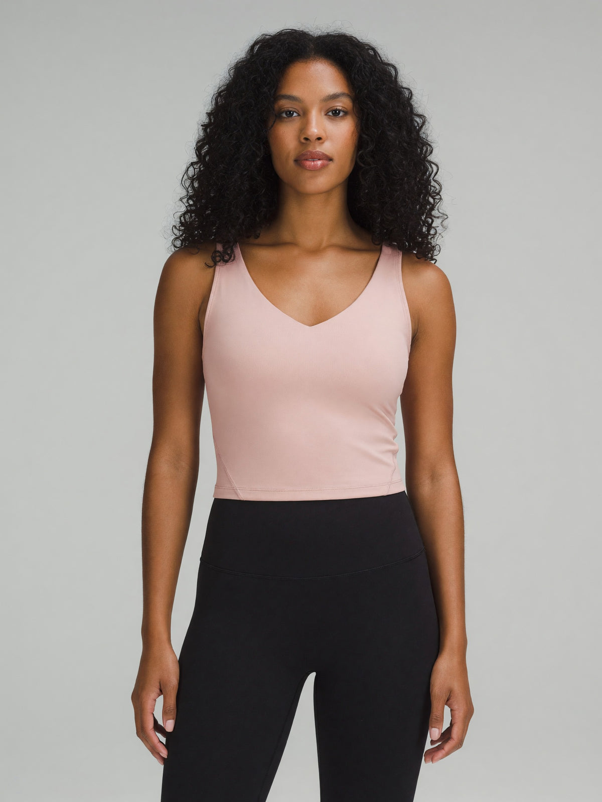 V-Neck Longline Tank in Cameo, worn, front