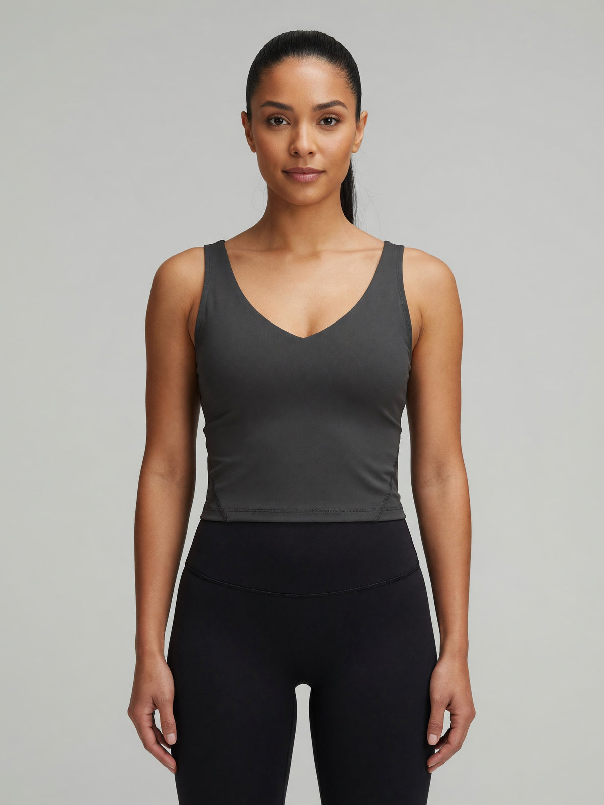 V-Neck Longline Tank in Charcoal Gray, worn, front