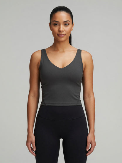 V-Neck Longline Tank in Charcoal Gray, worn, front