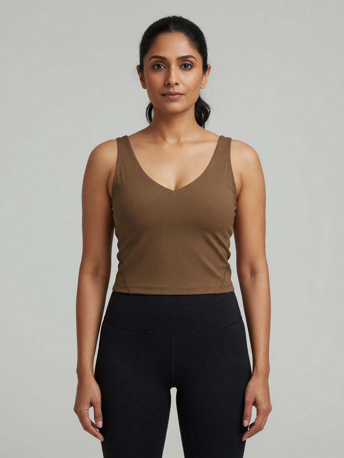 V-Neck Longline Tank in Coffee, worn, front