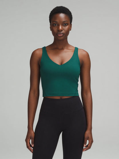 V-Neck Longline Tank in Dark Green, worn, front