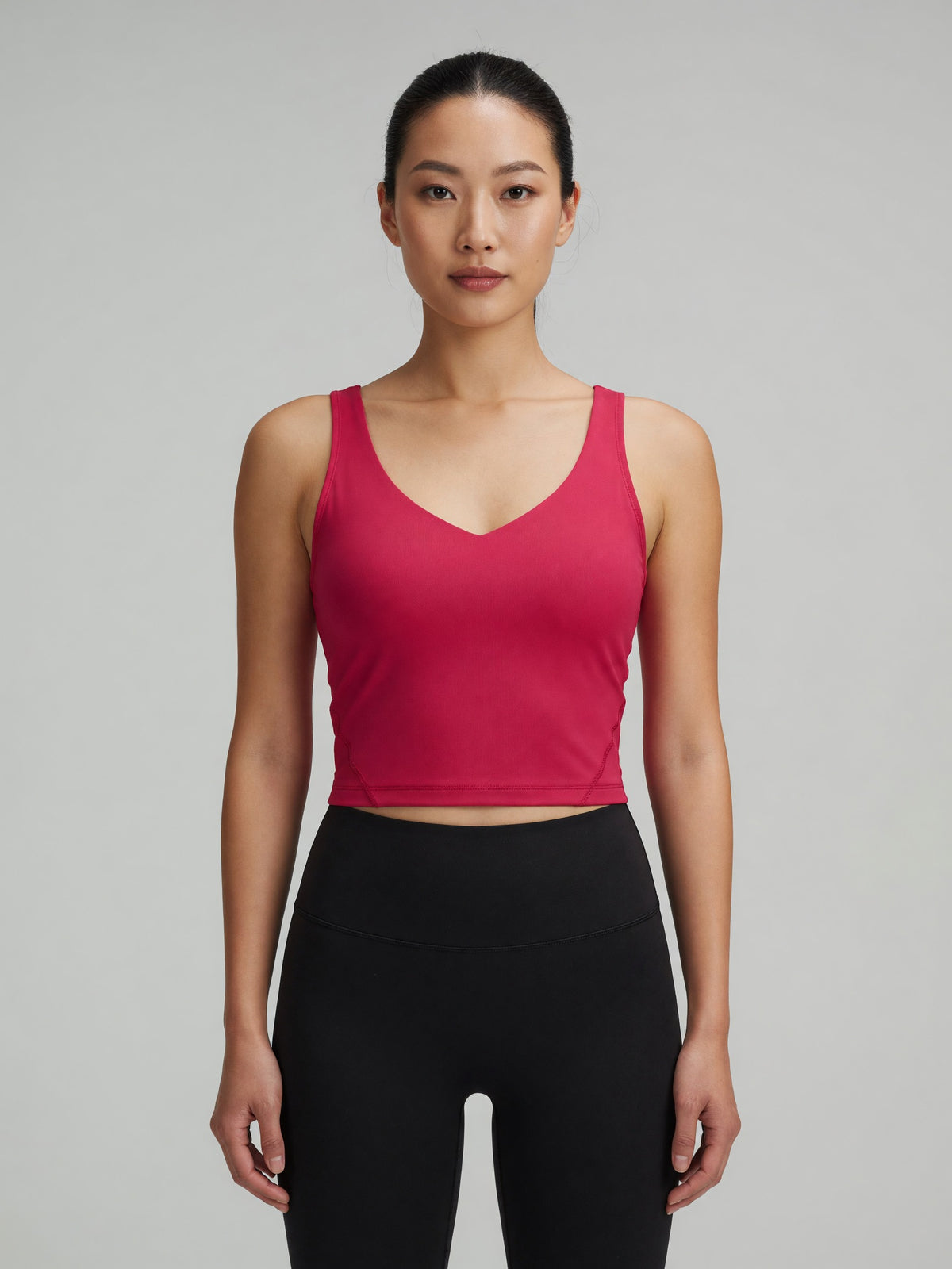 V-Neck Longline Tank in Fuchsia Red, worn, front