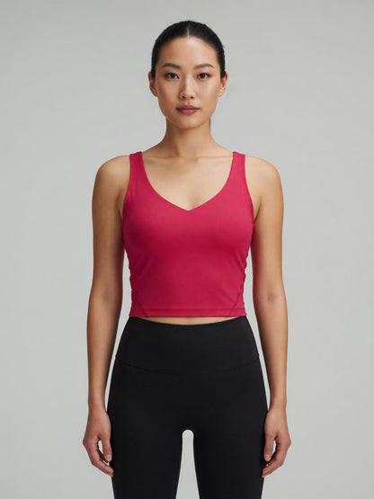 V-Neck Longline Tank in Fuchsia Red, worn, front