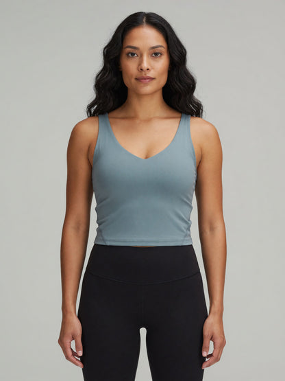 V-Neck Longline Tank in Gray Blue, worn, front