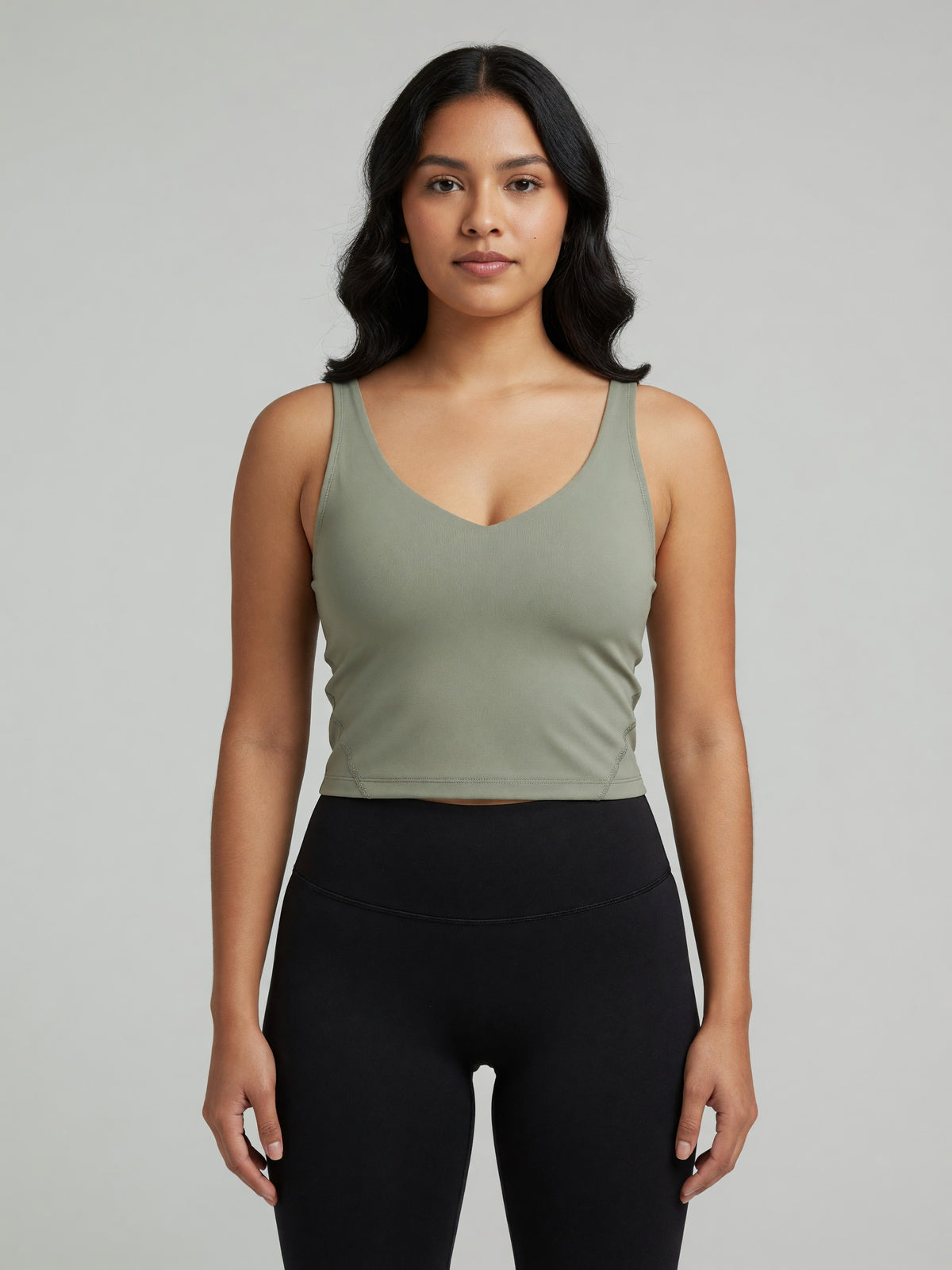 V-Neck Longline Tank in Gray green, worn, front