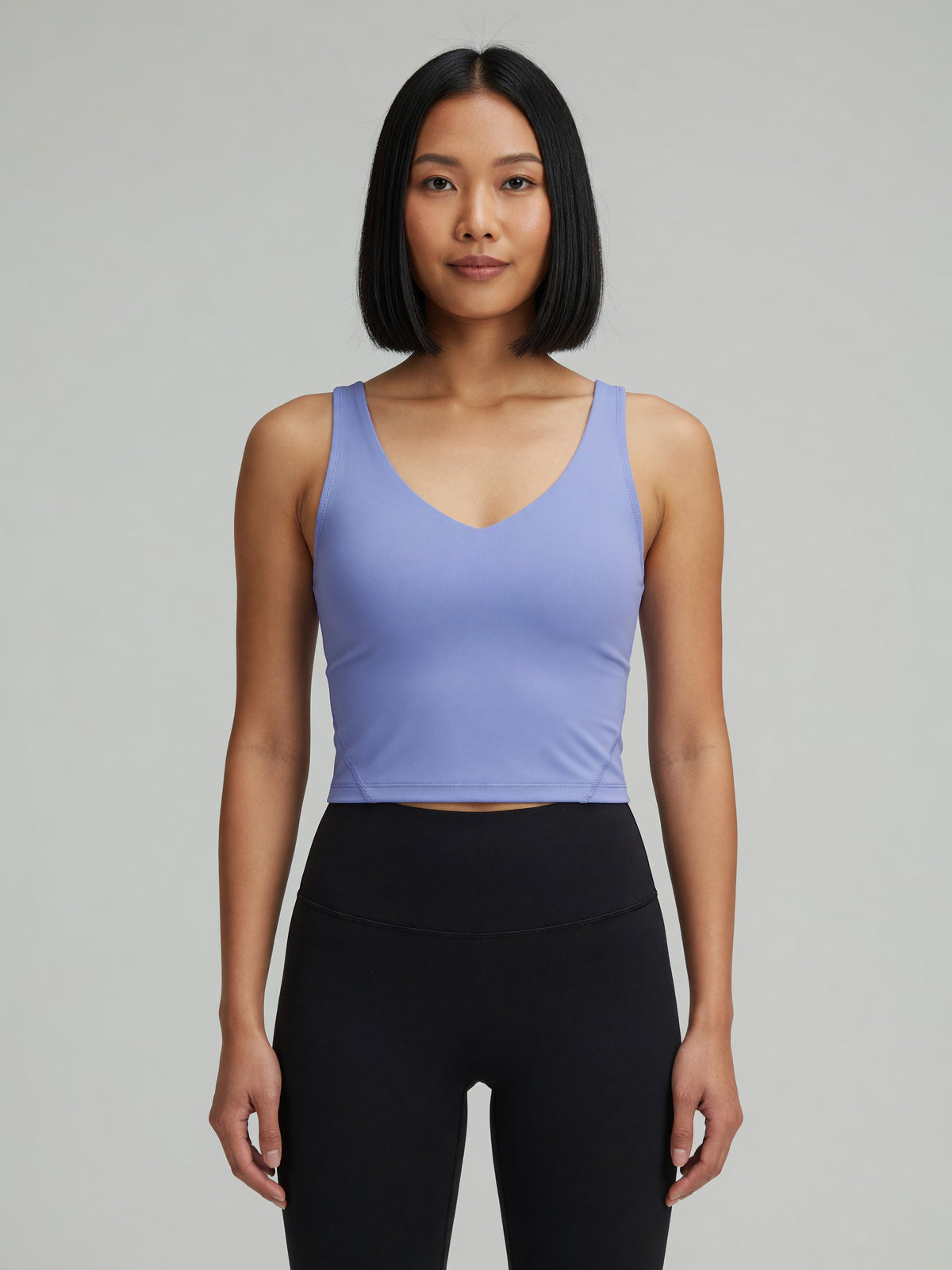 V-Neck Longline Tank in Lavender, worn, front