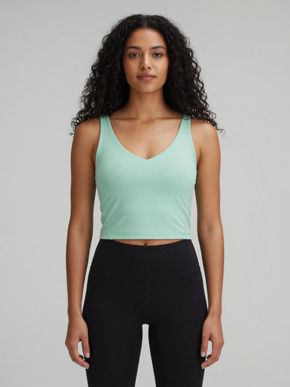 V-Neck Longline Tank in Mint Green, worn, front