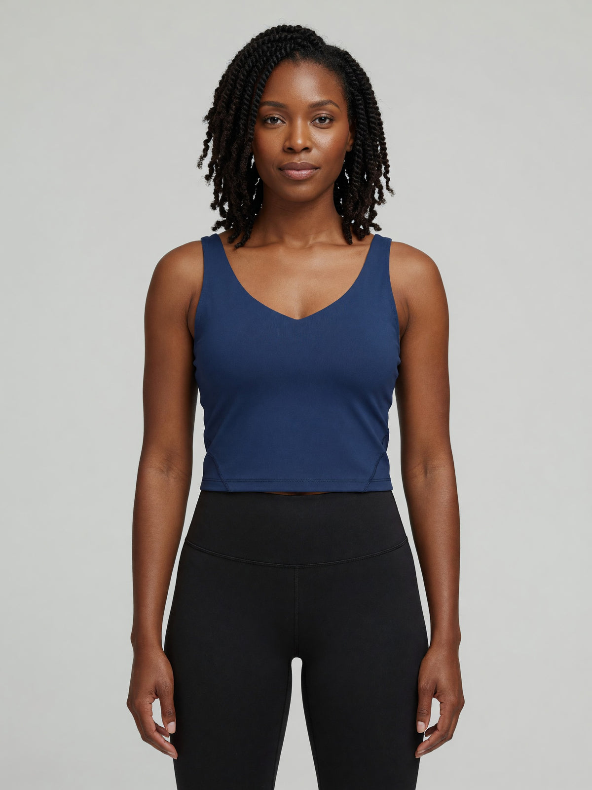V-Neck Longline Tank in Navy Blue, worn, front