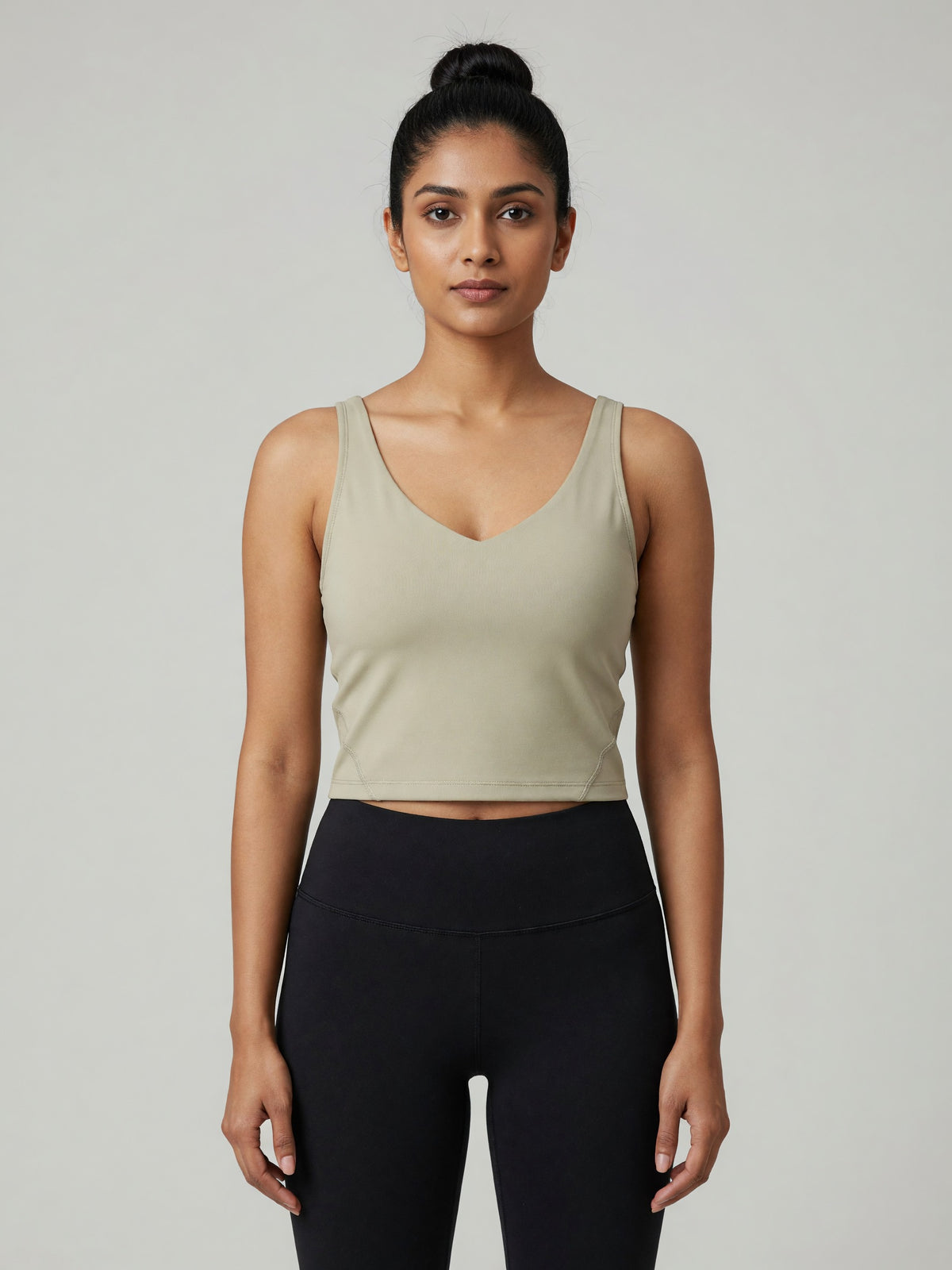 V-Neck Longline Tank in Pale Khaki, worn, front