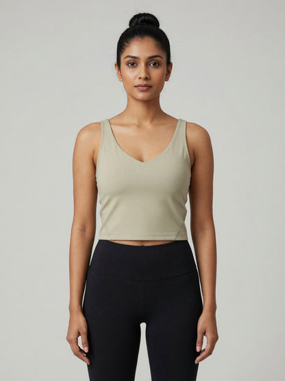 V-Neck Longline Tank in Pale Khaki, worn, front