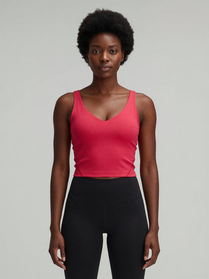 V-Neck Longline Tank in Rose Red, worn, front