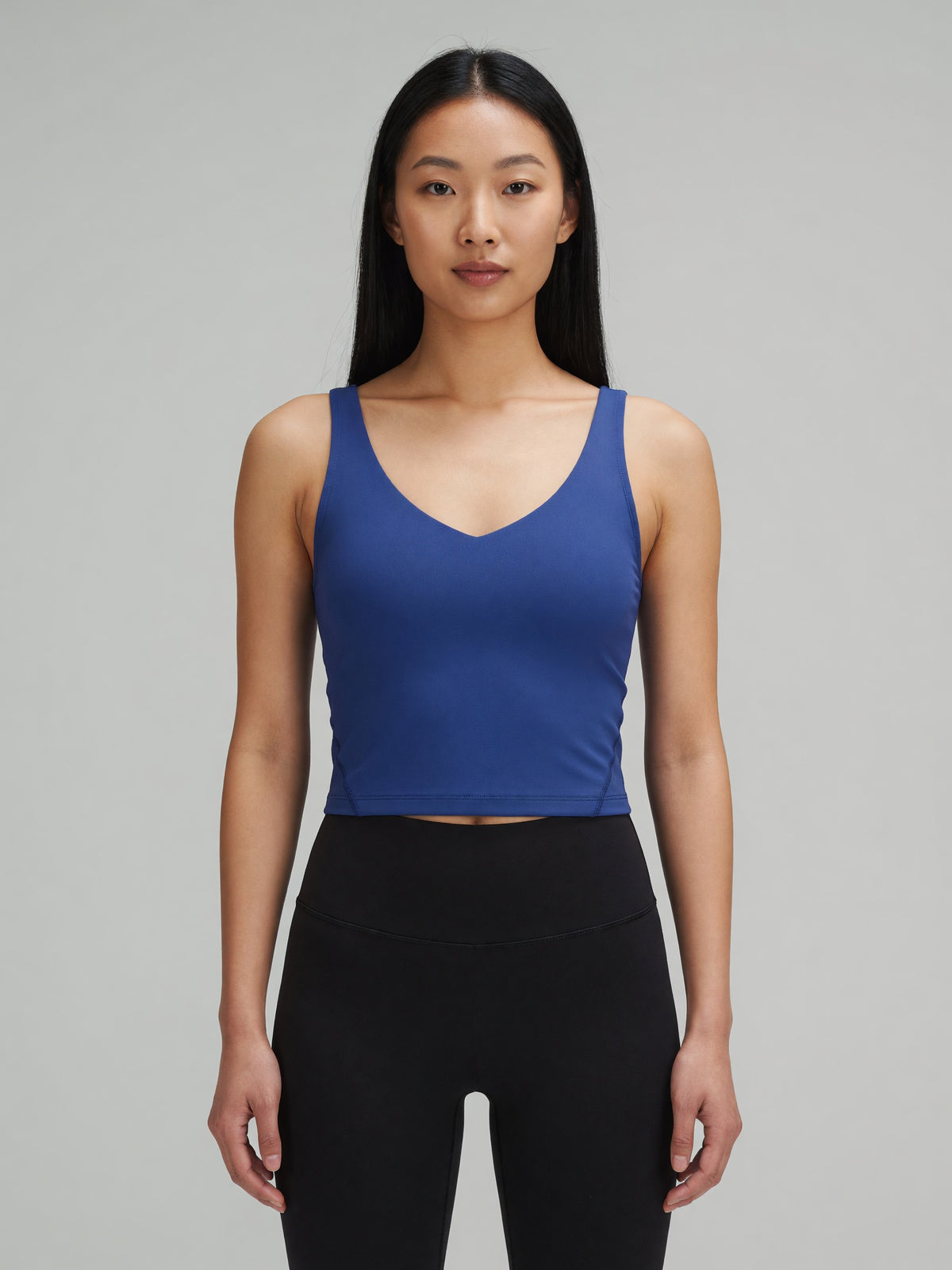 V-Neck Longline Tank in Royal Blue, worn, front