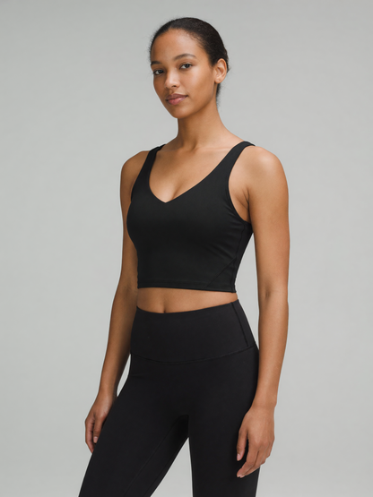 V-Neck Longline Tank in Black, worn, three-quarter