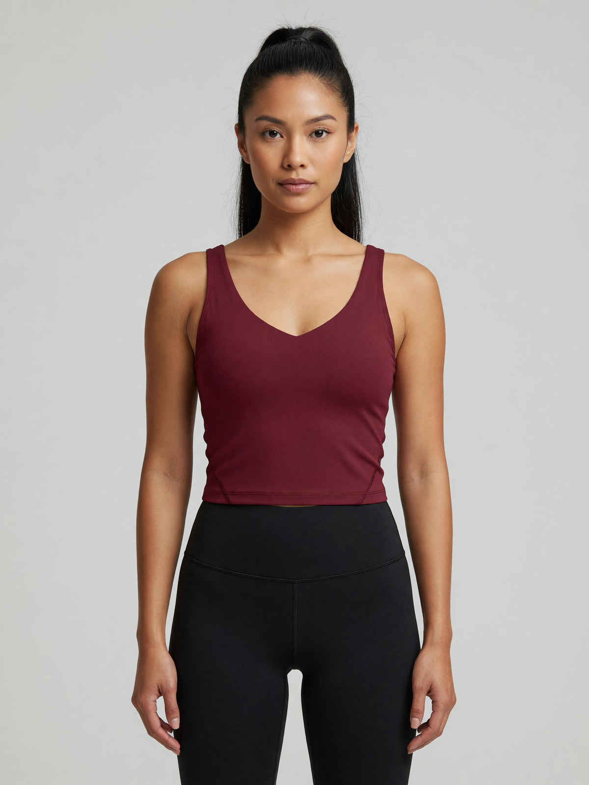 V-Neck Longline Tank in Wine Red, worn, front