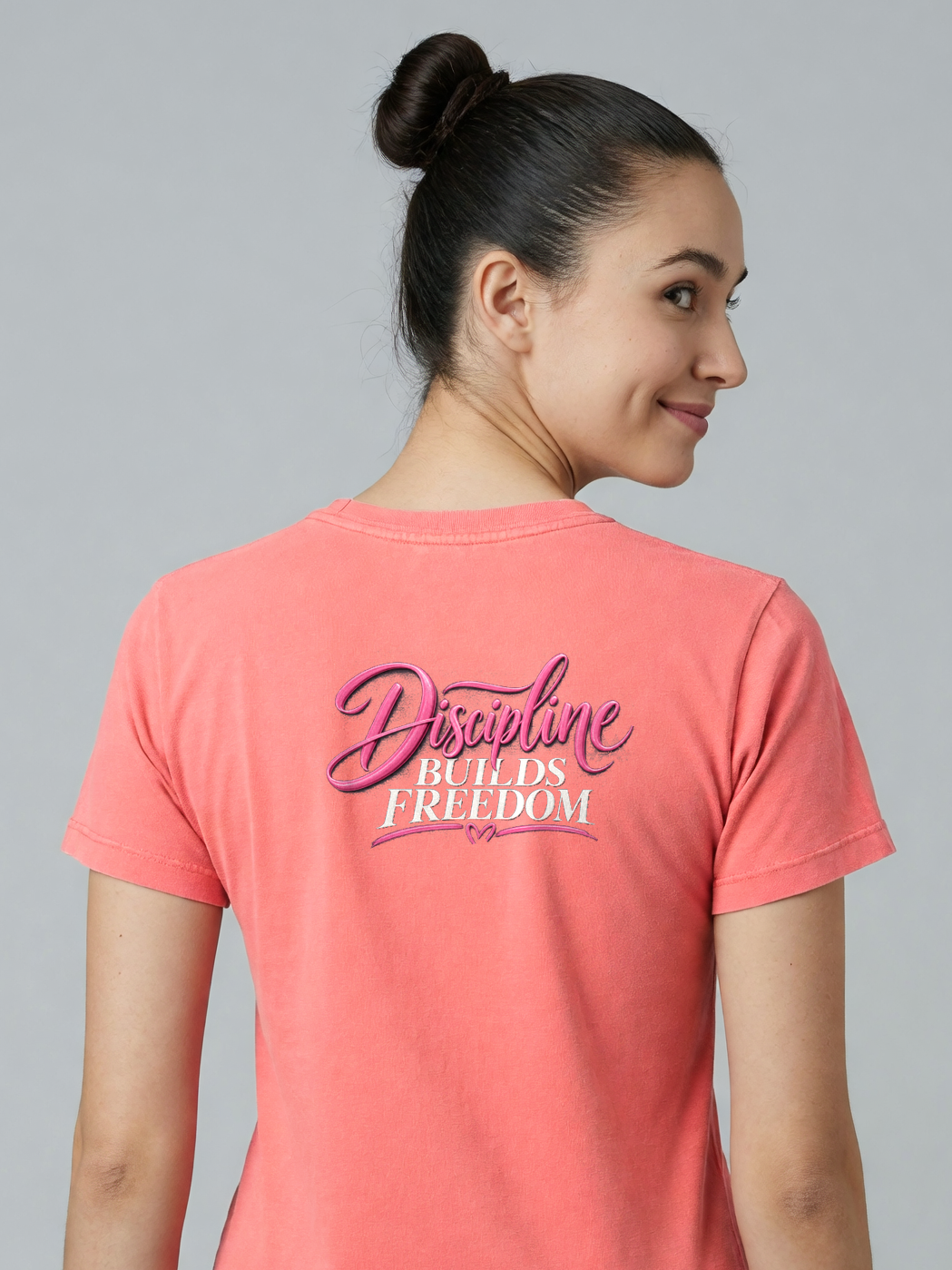 Discipline Builds Freedom Tee in Watermelon Red, worn