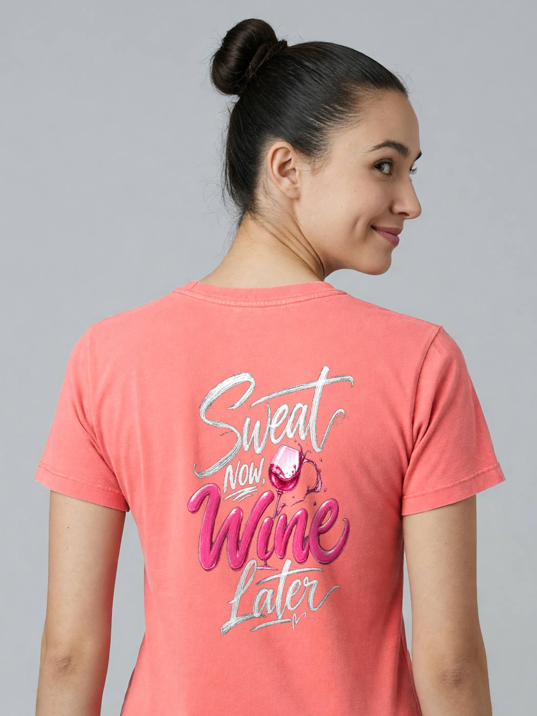 Sweat Now, Wine Later Tee in Watermelon Red, worn